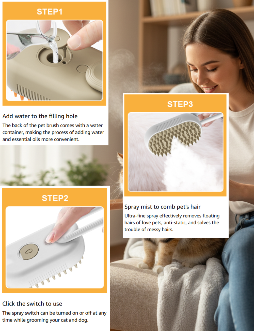 ChithuPets 3-in-1 Steam Pet Brush | Self-Cleaning Silicone Grooming Comb with 360° Rotating Handle & USB Charging | Gentle Steam Massage Brush for Dogs & Cats