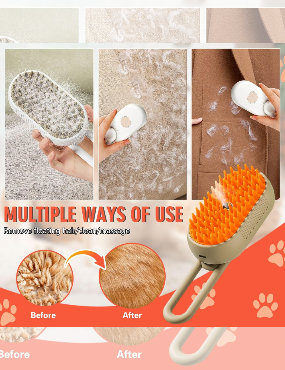 ChithuPets 3-in-1 Steam Pet Brush | Self-Cleaning Silicone Grooming Comb with 360° Rotating Handle & USB Charging | Gentle Steam Massage Brush for Dogs & Cats